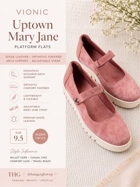 Vionic Uptown Mary Jane Platform Flats Pink Suede Leather 9.5